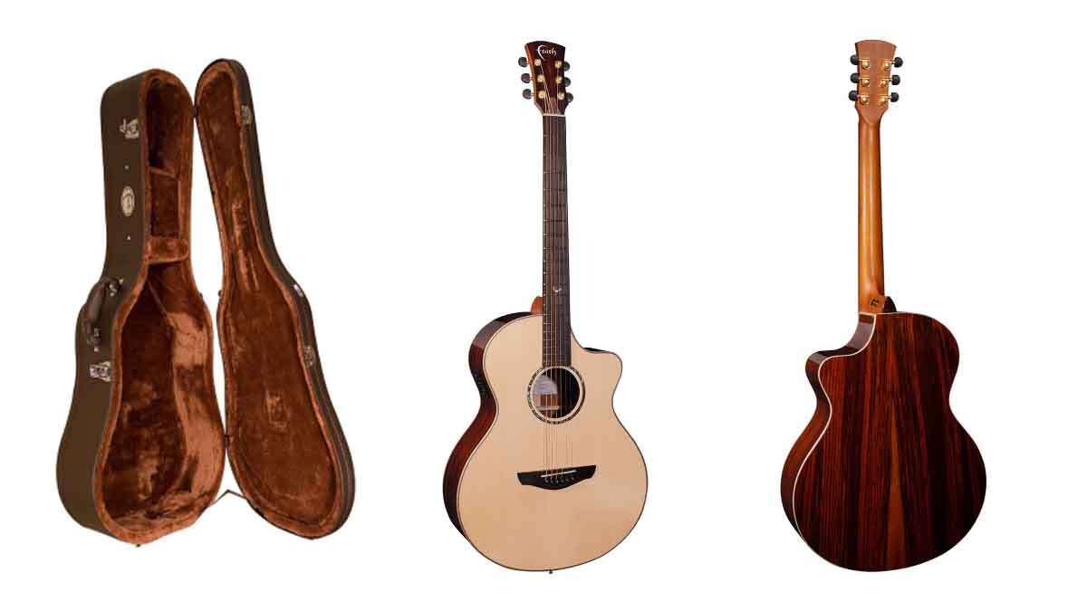 Faith Guitars HiGloss Baritone Neptune Guitar front, back, and hard case