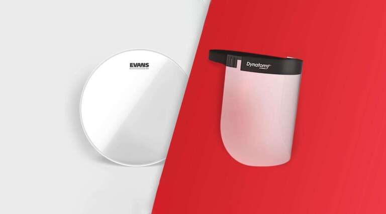 D'Addario Dynatomy face shields from Evans G2 drumheads in response to COVID-19 coronavirus