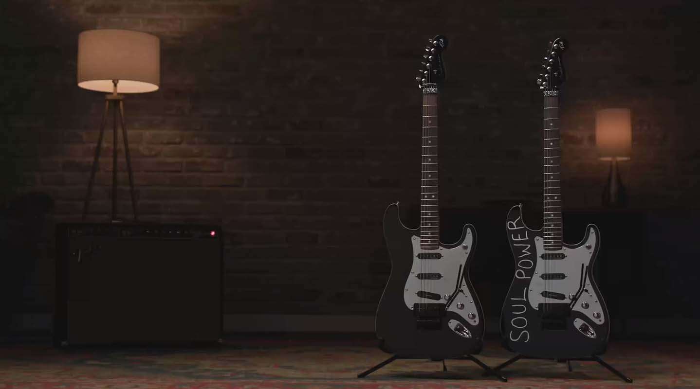 Fender Tom Morello Soul Power Stratocaster electric guitar featuring Seymour Duncan humbucker bridge pickup and Fender vintage single coil strat middle and neck pickups, alder body, maple neck, rosewood fingerboard, and kill switch